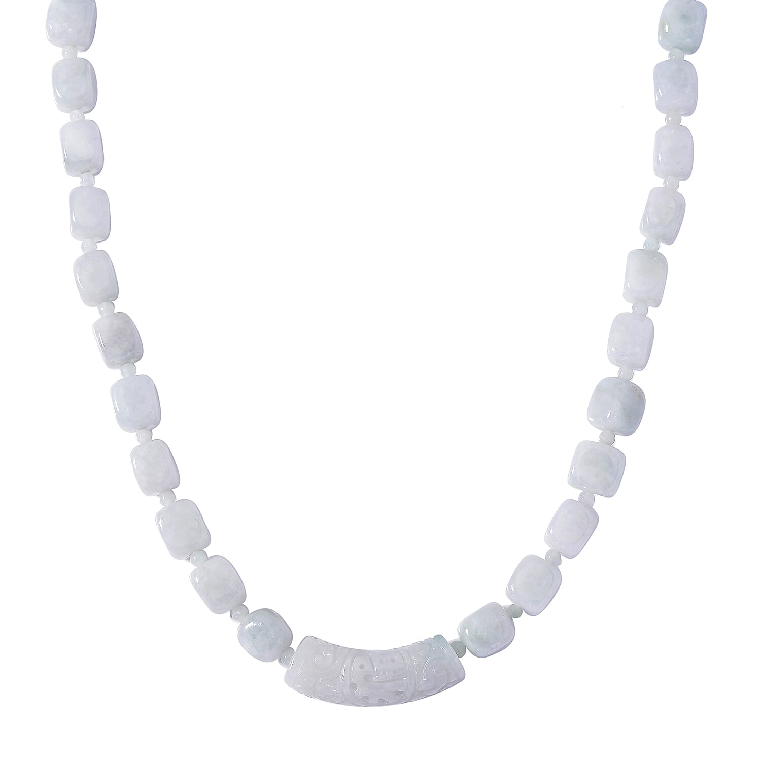 Natural Jade 410.00 ctw Beaded and Carved Bar Necklace in Rhodium Over Sterling Silver (20 Inches)