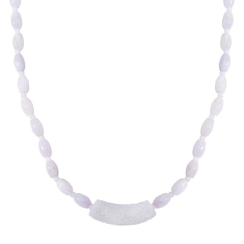 Natural Jade 400.00 ctw Barrel and Beaded Necklace with Carved Bar in Rhodium Over Sterling Silver 20 Inches