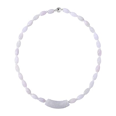 Natural Jade 400.00 ctw Barrel and Beaded Necklace with Carved Bar in Rhodium Over Sterling Silver 20 Inches