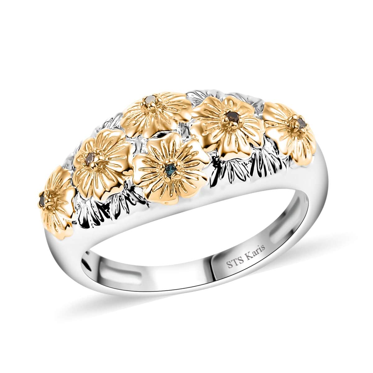 Karis Multi Diamond (IR & Natural) Accent Floral Ring in 18K YG Plated and Platinum Bond (Size 10.0) image number 0