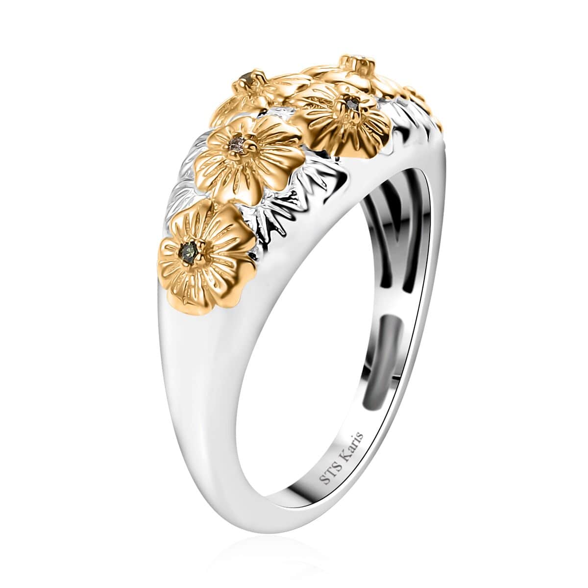 Karis Multi Diamond (IR & Natural) Accent Floral Ring in 18K YG Plated and Platinum Bond (Size 10.0) image number 3