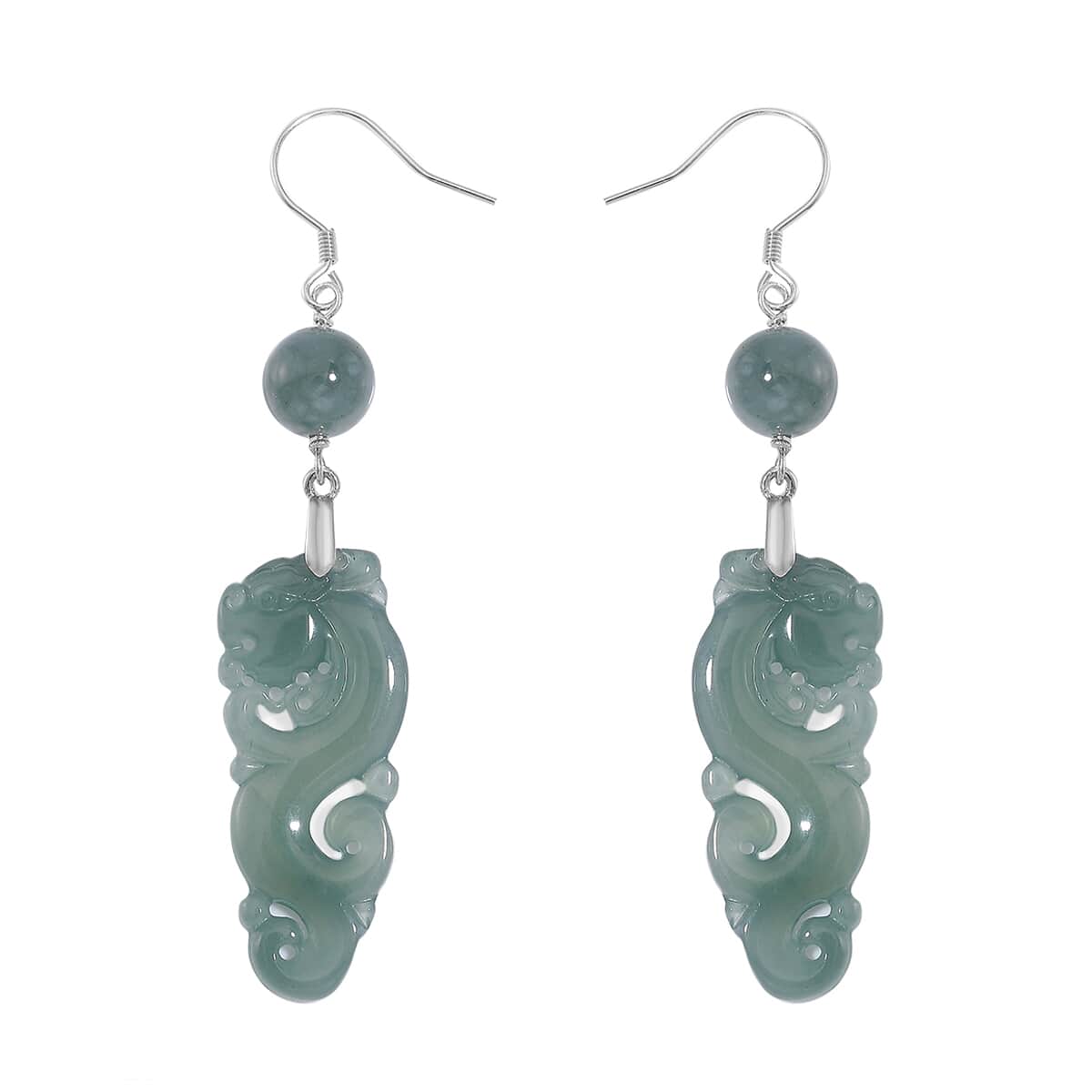 Natural Olmec Jadeite 30.00 ctw Carved Seahorse Earrings in Rhodium Over Sterling Silver image number 0