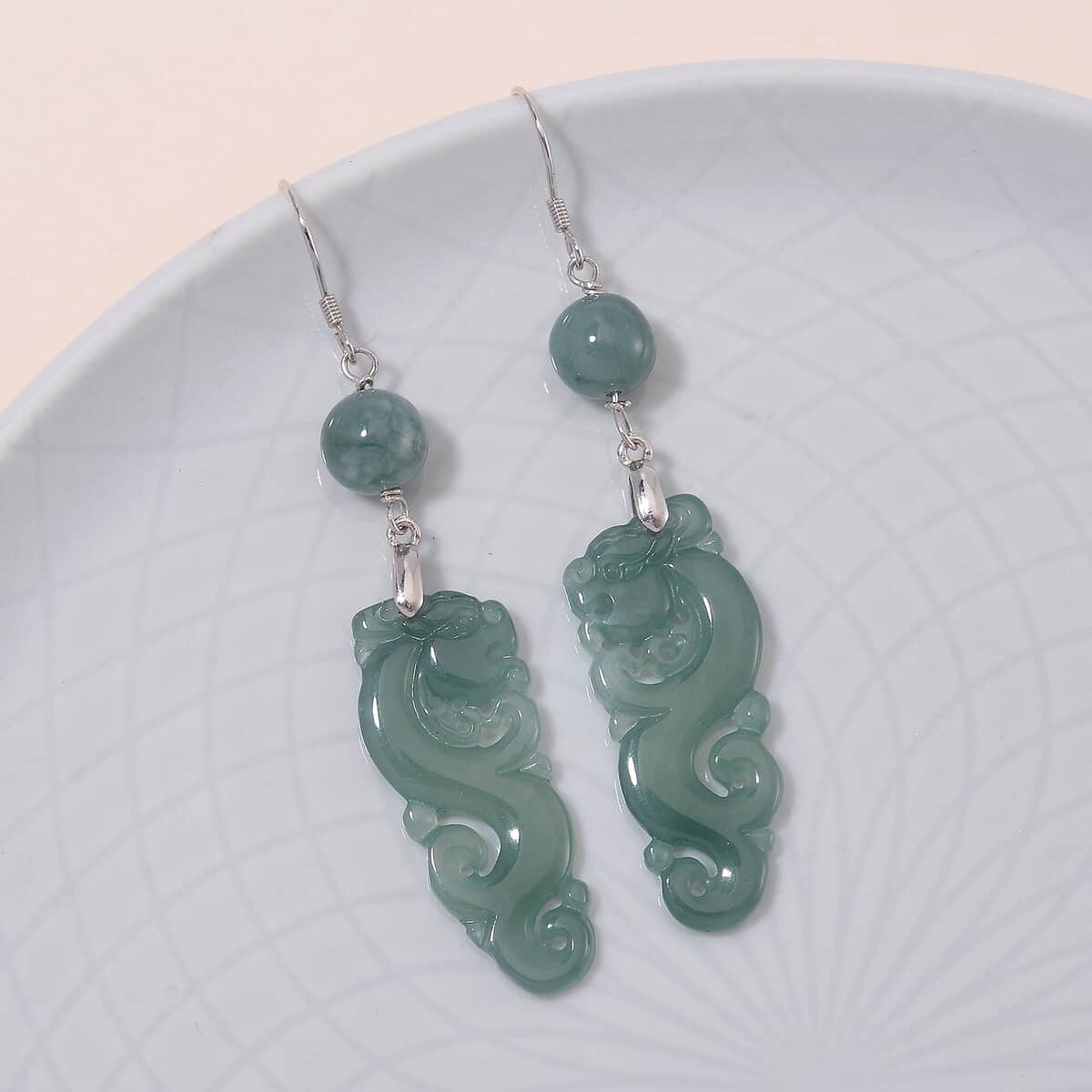 Natural Olmec Jadeite 30.00 ctw Carved Seahorse Earrings in Rhodium Over Sterling Silver image number 1