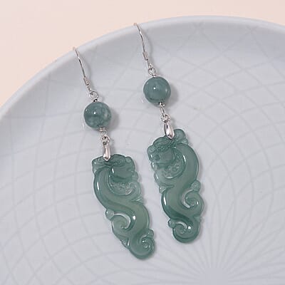 Natural Olmec Jadeite 30.00 ctw Carved Seahorse Earrings in Rhodium Over Sterling Silver