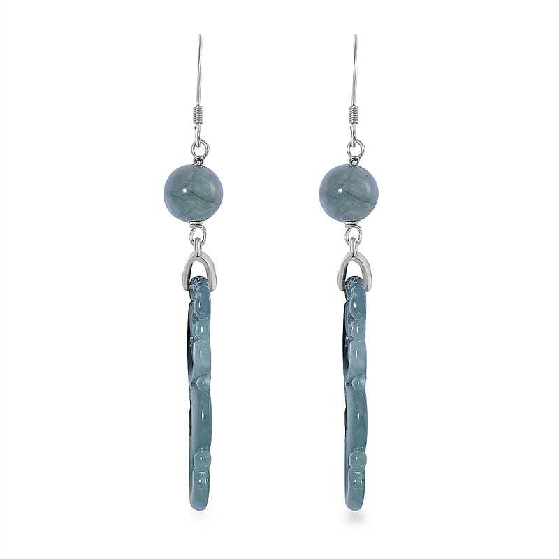 Natural Olmec Jadeite 30.00 ctw Carved Seahorse Earrings in Rhodium Over Sterling Silver