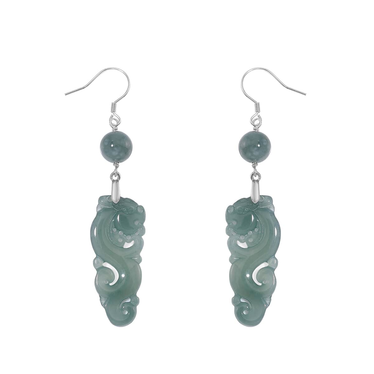 Natural Olmec Jadeite 30.00 ctw Carved Seahorse Earrings in Rhodium Over Sterling Silver image number 4