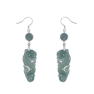 Natural Olmec Jadeite 30.00 ctw Carved Seahorse Earrings in Rhodium Over Sterling Silver