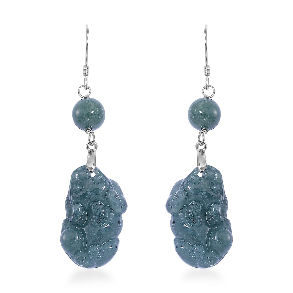 Natural Olmec Jadeite 30.00 ctw Carved Earrings in Rhodium Over Sterling Silver