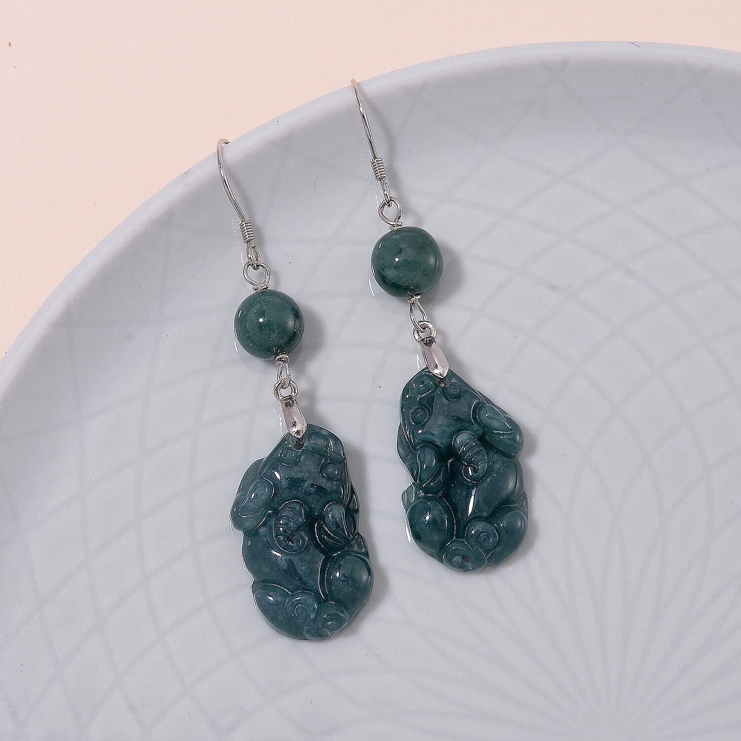 Natural Olmec Jadeite 30.00 ctw Carved Earrings in Rhodium Over Sterling Silver