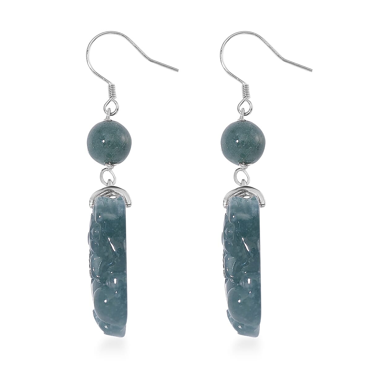 Natural Olmec Jadeite 30.00 ctw Carved Earrings in Rhodium Over Sterling Silver