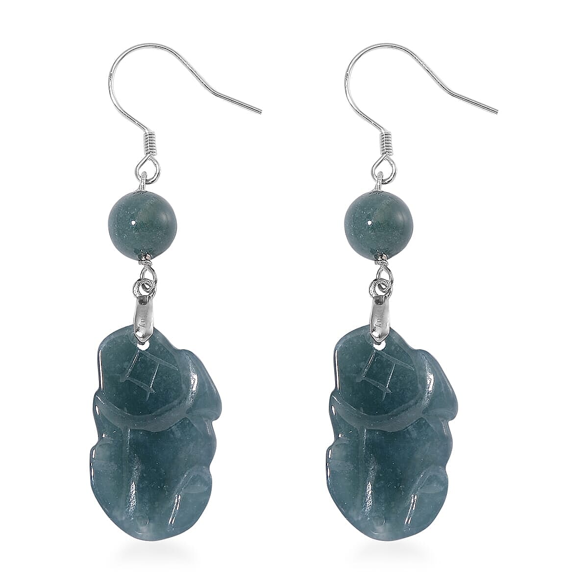 Natural Olmec Jadeite 30.00 ctw Carved Earrings in Rhodium Over Sterling Silver