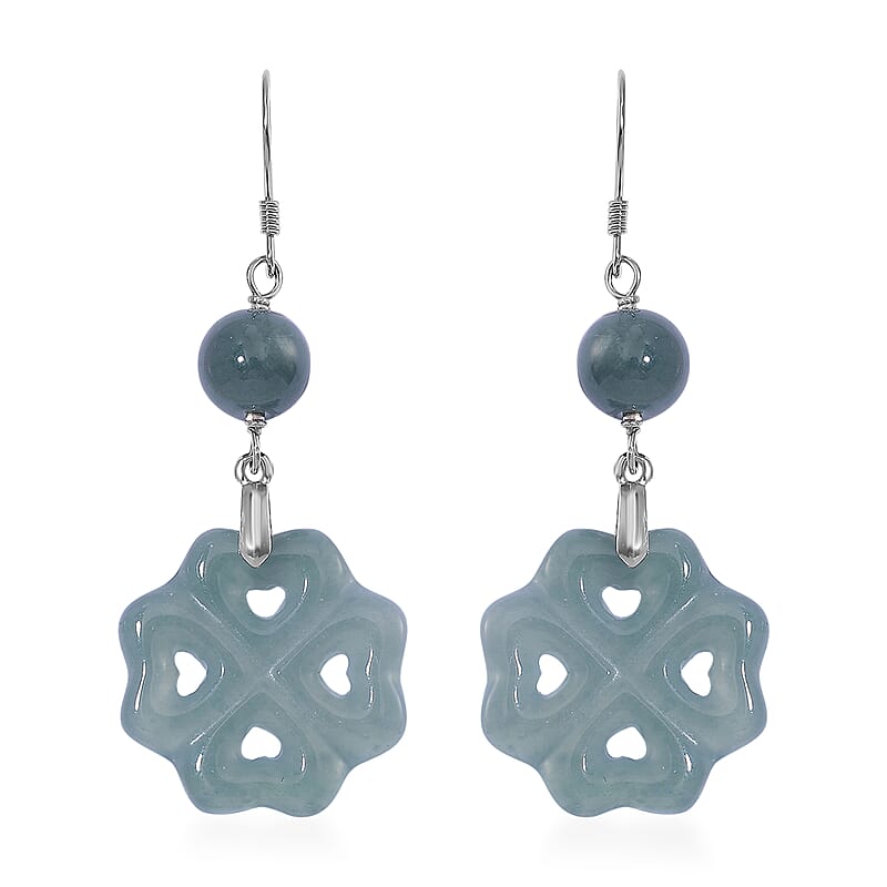 Natural Olmec Jadeite 30.00 ctw Carved Heart Earrings in Rhodium Over Sterling Silver