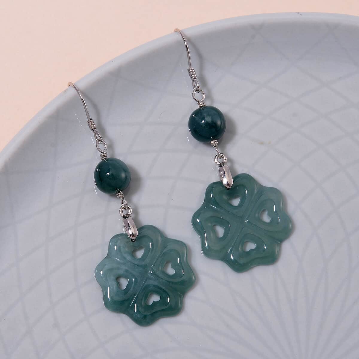 Natural Olmec Jadeite 30.00 ctw Carved Heart Earrings in Rhodium Over Sterling Silver image number 1