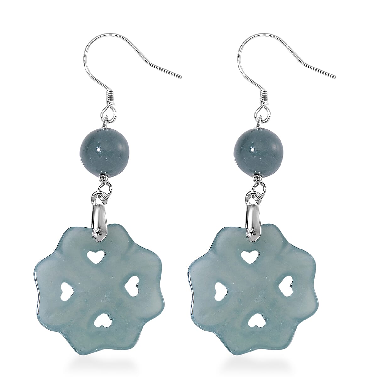 Natural Olmec Jadeite 30.00 ctw Carved Heart Earrings in Rhodium Over Sterling Silver