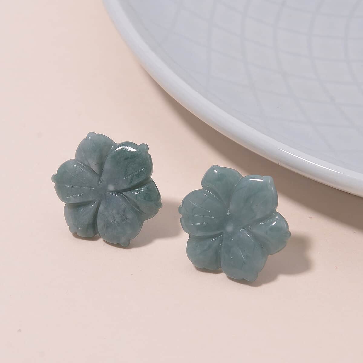 Natural Olmec Jadeite 25.00 ctw Carved Flower Earrings in Rhodium Over Sterling Silver image number 1