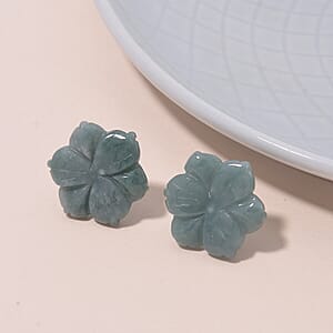 Natural Olmec Jadeite 25.00 ctw Carved Flower Earrings in Rhodium Over Sterling Silver