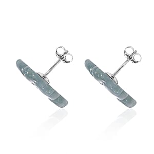 Natural Olmec Jadeite 25.00 ctw Carved Flower Earrings in Rhodium Over Sterling Silver