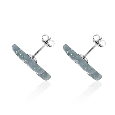 Natural Olmec Jadeite 25.00 ctw Carved Flower Earrings in Rhodium Over Sterling Silver