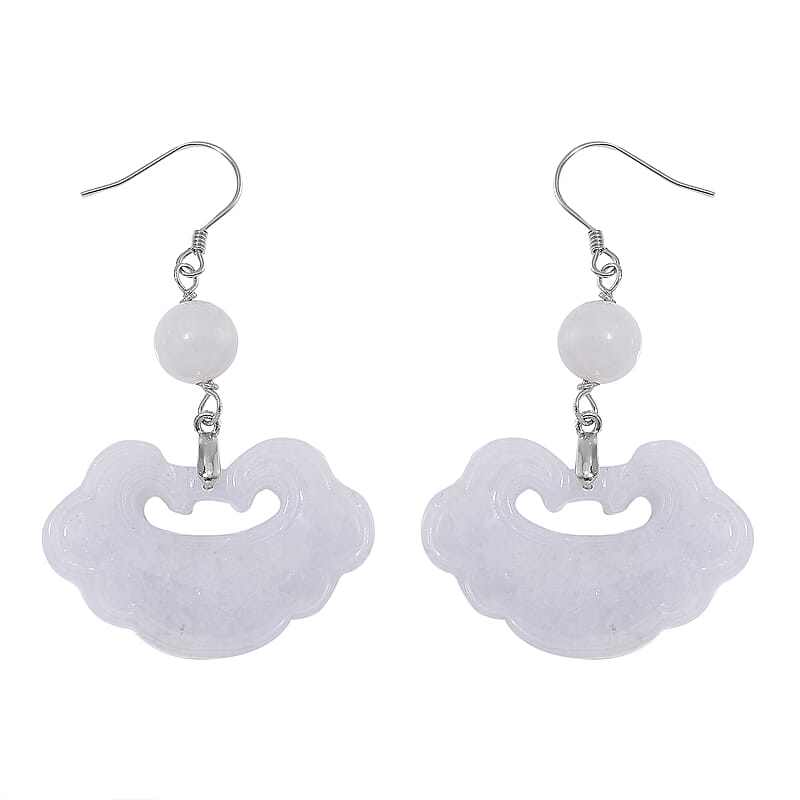 Natural Jade 50.00 ctw Cloud Carved Earrings in Rhodium Over Sterling Silver