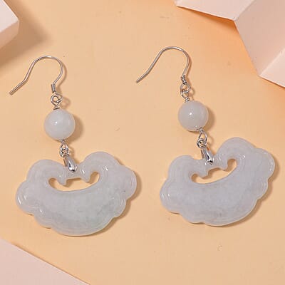 Natural Jade 50.00 ctw Cloud Carved Earrings in Rhodium Over Sterling Silver