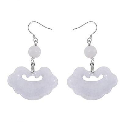 Natural Jade 50.00 ctw Cloud Carved Earrings in Rhodium Over Sterling Silver