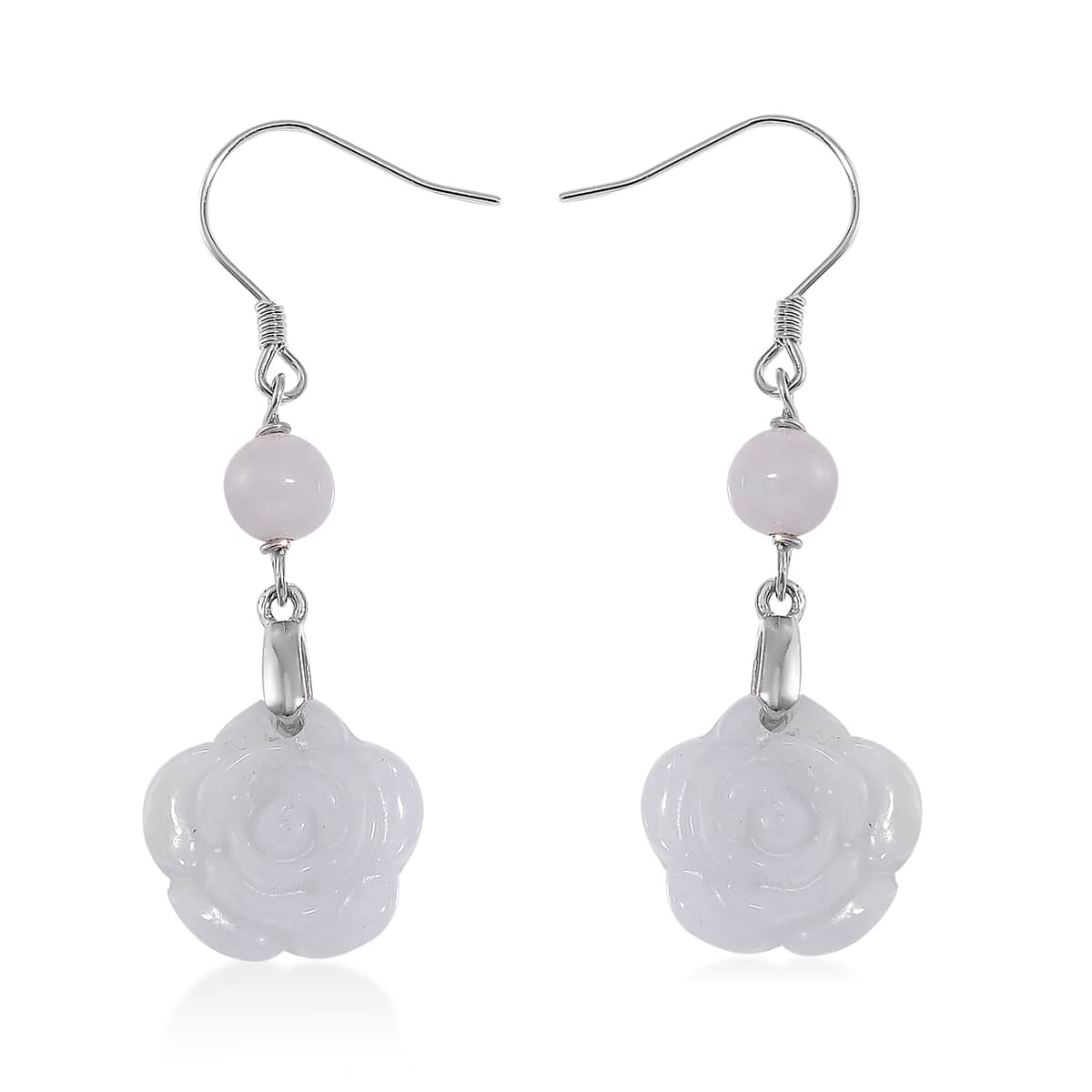 Natural Jade 50.00 ctw Rose Carved Earrings in Rhodium Over Sterling Silver image number 0