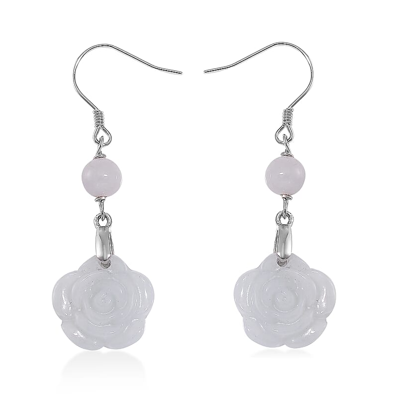 Natural Jade 50.00 ctw Rose Carved Earrings in Rhodium Over Sterling Silver