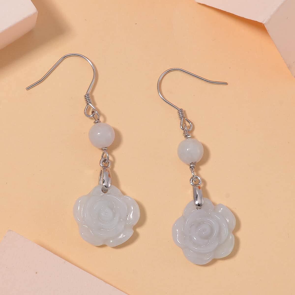 Natural Jade 50.00 ctw Rose Carved Earrings in Rhodium Over Sterling Silver image number 1