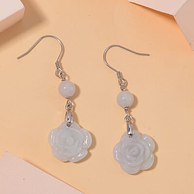 Natural Jade 50.00 ctw Rose Carved Earrings in Rhodium Over Sterling Silver