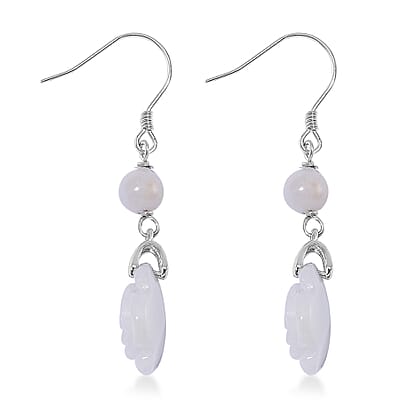 Natural Jade 50.00 ctw Rose Carved Earrings in Rhodium Over Sterling Silver