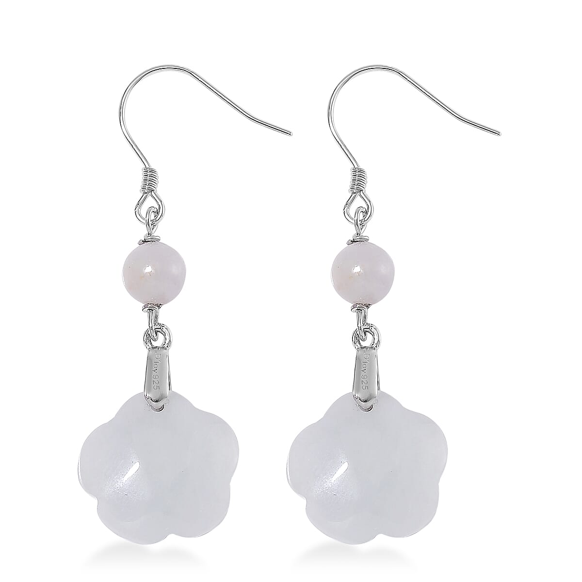 Natural Jade 50.00 ctw Rose Carved Earrings in Rhodium Over Sterling Silver