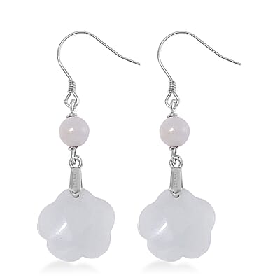 Natural Jade 50.00 ctw Rose Carved Earrings in Rhodium Over Sterling Silver