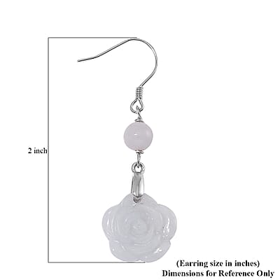 Natural Jade 50.00 ctw Rose Carved Earrings in Rhodium Over Sterling Silver