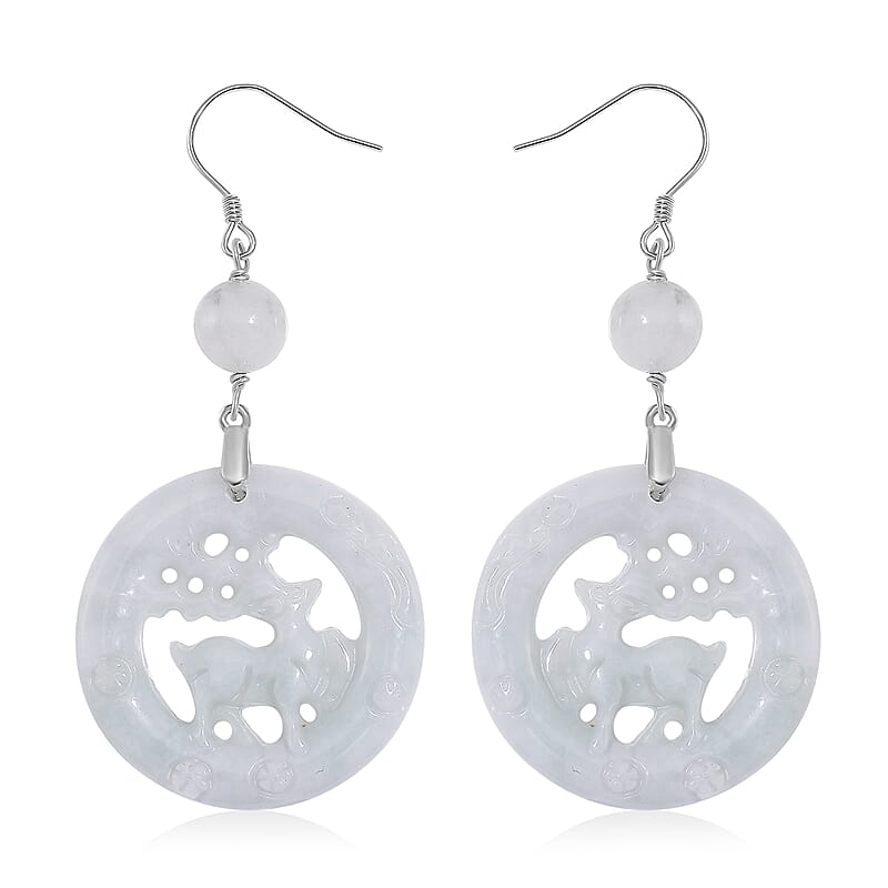 Natural Jade 50.00 ctw Reindeer Carved Earrings in Rhodium Over Sterling Silver
