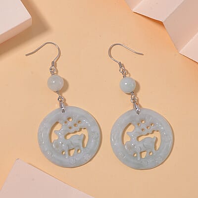 Natural Jade 50.00 ctw Reindeer Carved Earrings in Rhodium Over Sterling Silver