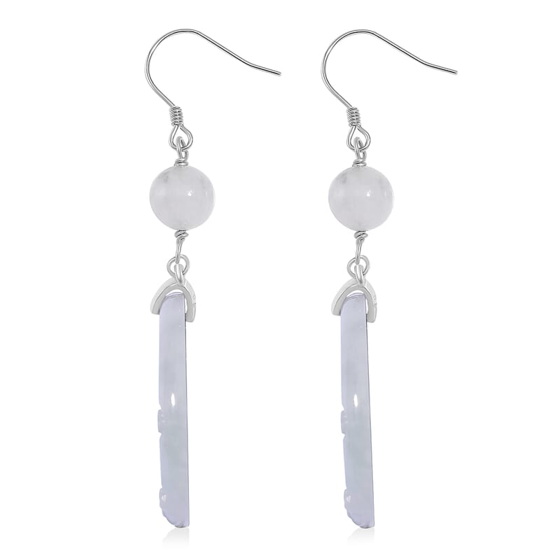 Natural Jade 50.00 ctw Reindeer Carved Earrings in Rhodium Over Sterling Silver