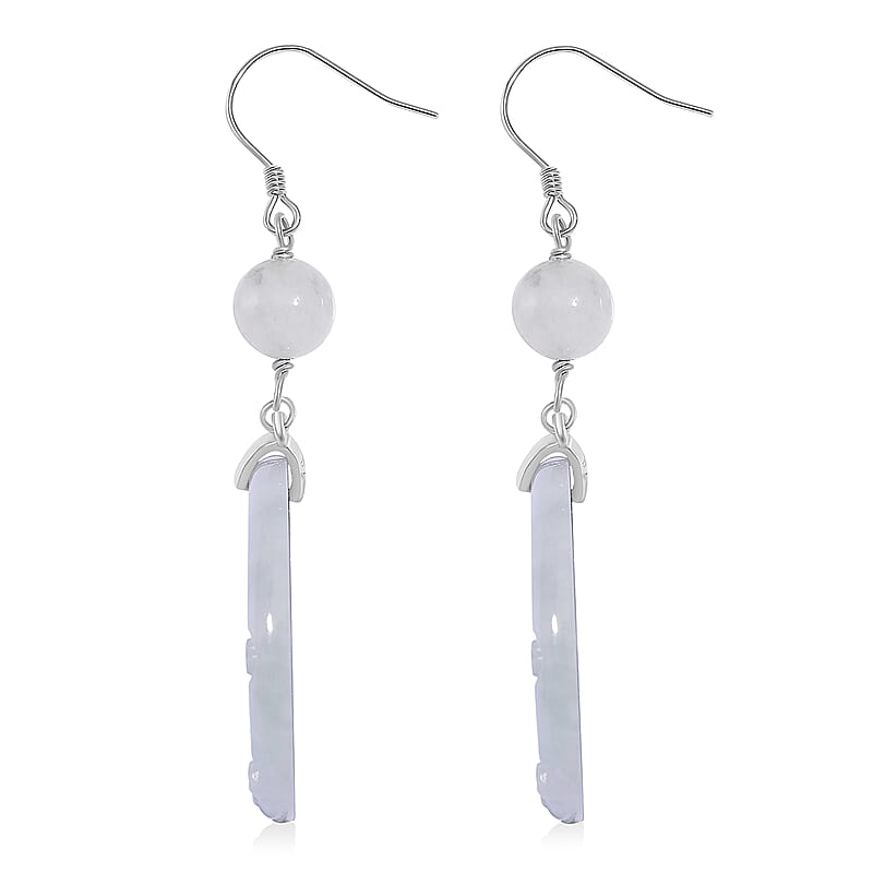Natural Jade 50.00 ctw Reindeer Carved Earrings in Rhodium Over Sterling Silver