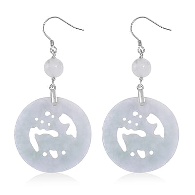 Natural Jade 50.00 ctw Reindeer Carved Earrings in Rhodium Over Sterling Silver