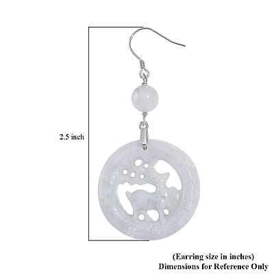 Natural Jade 50.00 ctw Reindeer Carved Earrings in Rhodium Over Sterling Silver