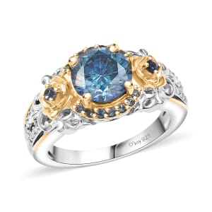 D'Joy Blue and White Moissanite, Blue Sapphire 2.20 ctw Blooming Rose Ring in 18K Vermeil YG and Rhodium Over Sterling Silver (Size 10.0) 
