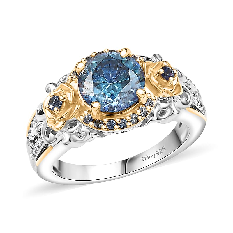 D'Joy Blue and White Moissanite, Blue Sapphire 2.20 ctw Blooming Rose Ring in 18K Vermeil YG and Rhodium Over Sterling Silver (Size 10.0) 