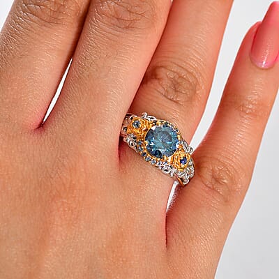 D'Joy Blue and White Moissanite, Blue Sapphire 2.20 ctw Blooming Rose Ring in 18K Vermeil YG and Rhodium Over Sterling Silver (Size 10.0) 