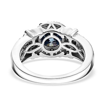 D'Joy Blue and White Moissanite, Blue Sapphire 2.20 ctw Blooming Rose Ring in 18K Vermeil YG and Rhodium Over Sterling Silver (Size 10.0) 
