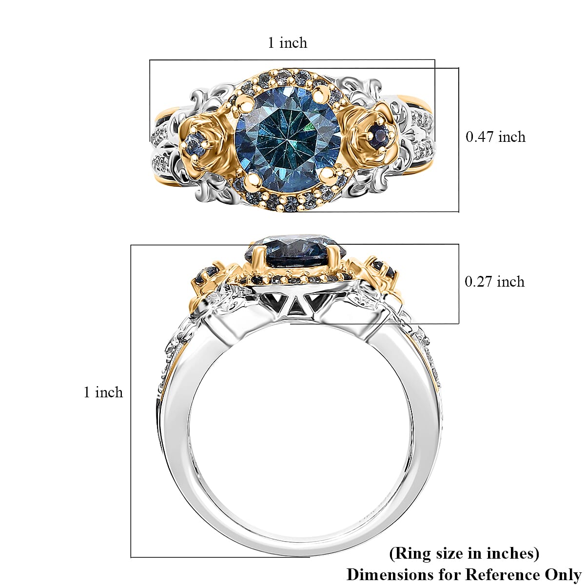 D'Joy Blue and White Moissanite, Blue Sapphire 2.20 ctw Blooming Rose Ring in 18K Vermeil YG and Rhodium Over Sterling Silver (Size 10.0) 