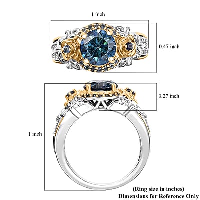 D'Joy Blue and White Moissanite, Blue Sapphire 2.20 ctw Blooming Rose Ring in 18K Vermeil YG and Rhodium Over Sterling Silver (Size 10.0) 