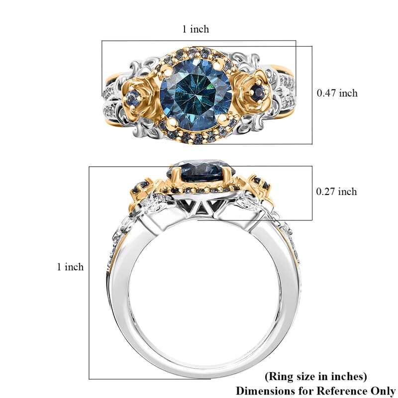 D'Joy Blue and White Moissanite, Blue Sapphire 2.20 ctw Blooming Rose Ring in 18K Vermeil YG and Rhodium Over Sterling Silver (Size 10.0) 