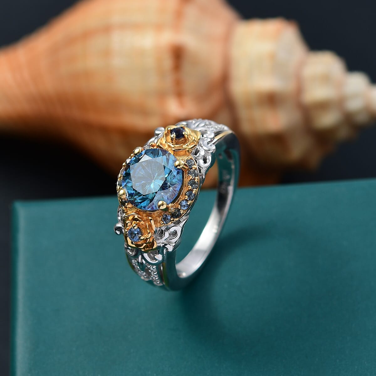 Blue Moissanite, Blue Sapphire and Moissanite 2.20 ctw Ring in 18K Vermeil YG and Rhodium Over Sterling Silver (Size 6.0)  image number 1