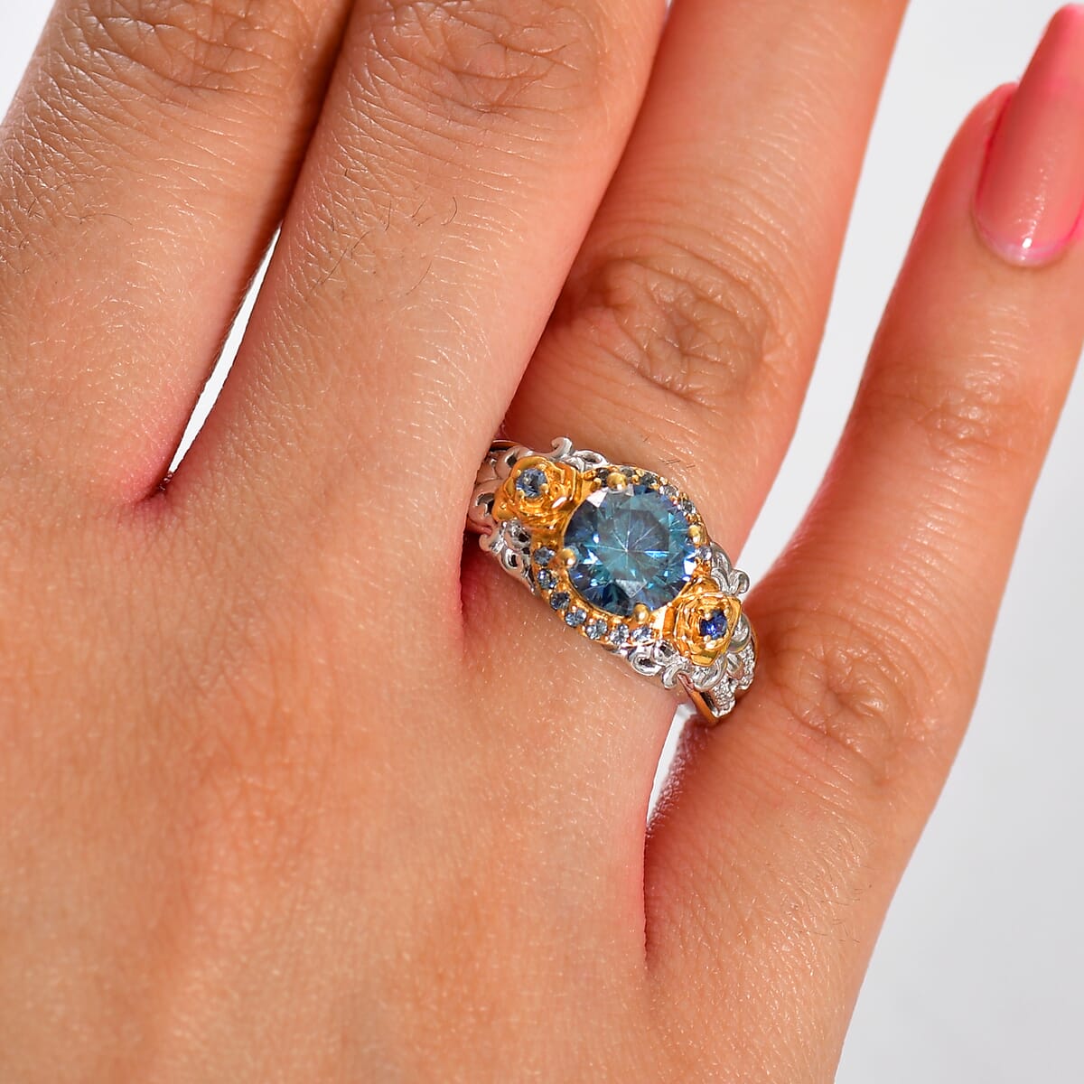 Blue Moissanite, Blue Sapphire and Moissanite 2.20 ctw Ring in 18K Vermeil YG and Rhodium Over Sterling Silver (Size 6.0)  image number 2