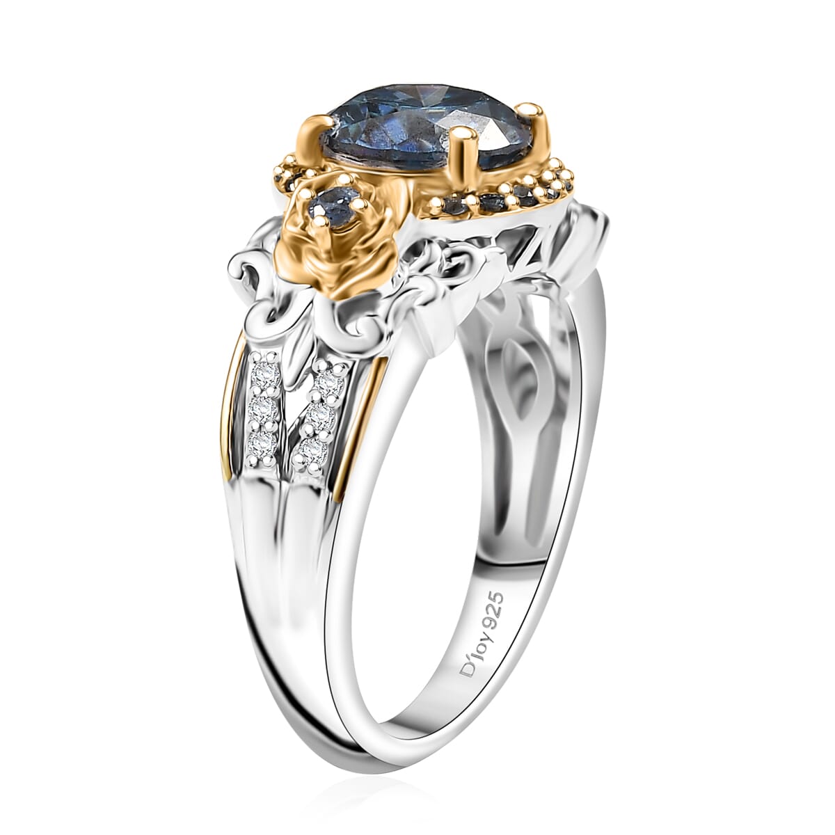 Blue Moissanite, Blue Sapphire and Moissanite 2.20 ctw Ring in 18K Vermeil YG and Rhodium Over Sterling Silver (Size 6.0)  image number 3