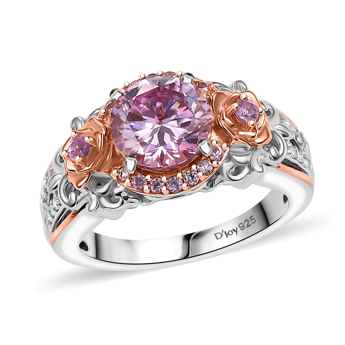 Pink Moissanite, Pink Sapphire and Moissanite 2.10 ctw Ring in 18K Vermeil RG and Rhodium Over Sterling Silver (Size 7.0) image number 0
